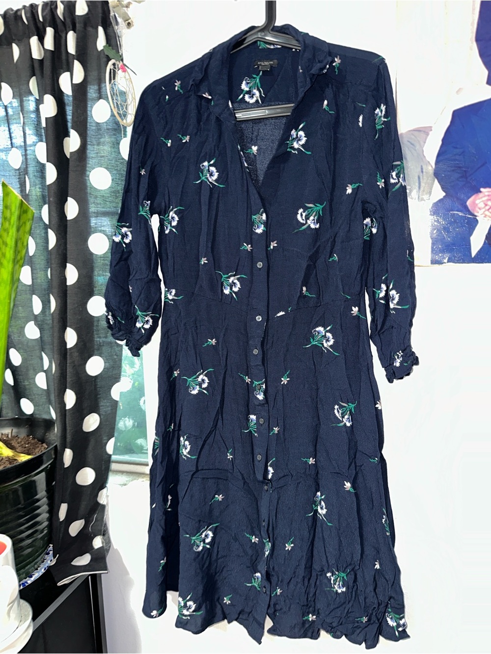 Ann Taylor Navy Floral Button-Front Shirt Dress